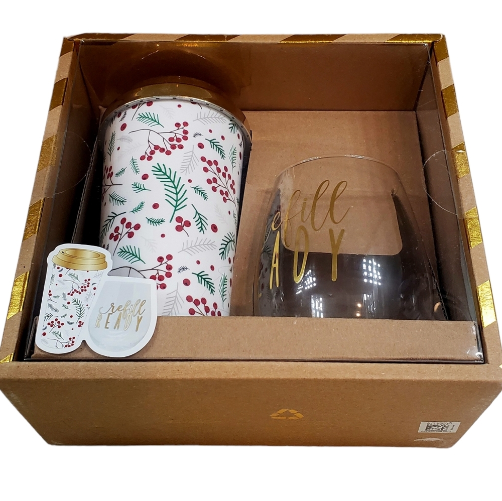 Travel Mug & Wine Glass Gift Set Macy's Gold 16 and 22 oz Refill Ready